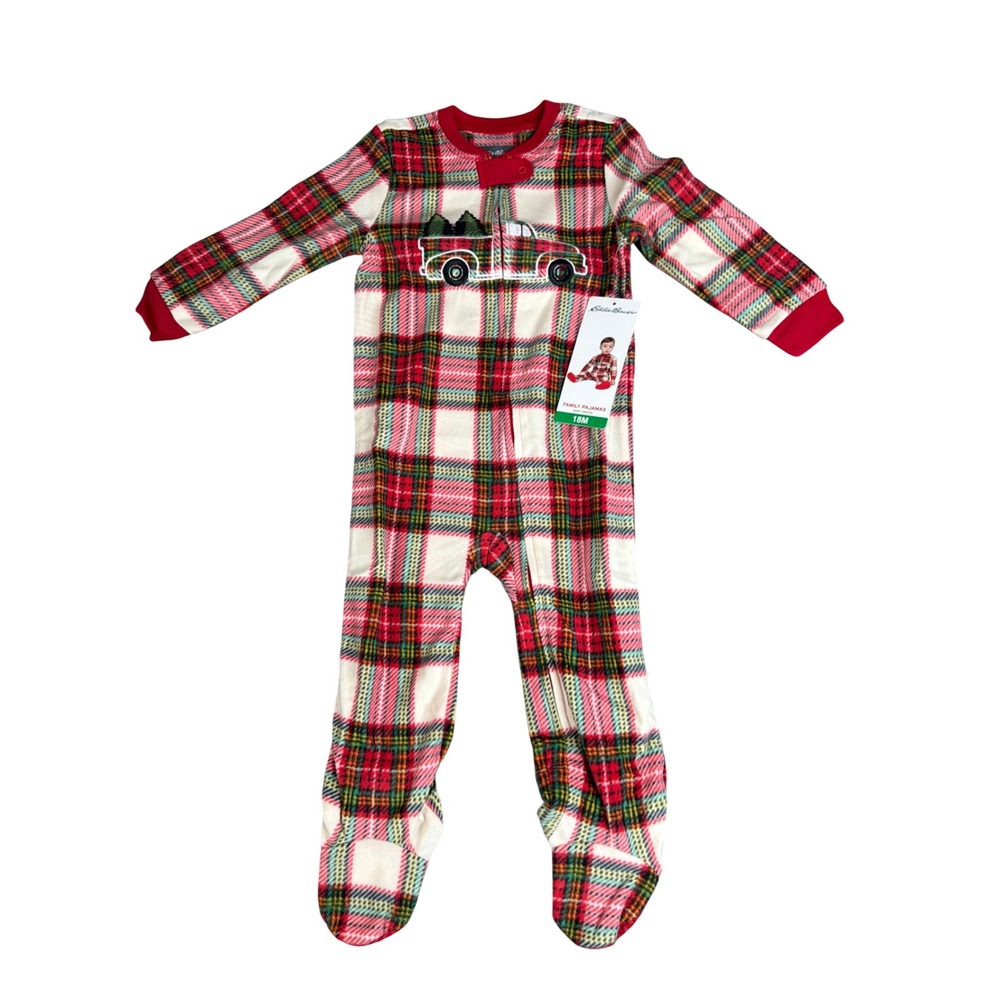 Eddie Bauer Footed Sleeper Kids 18M Family Pajamas Red Plaid Truck NEW